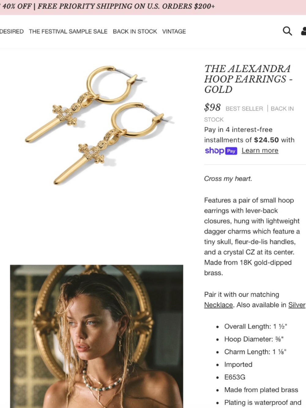 New Vanessa Mooney gold ALEXANDRA HOOP EARRINGS - Picture 15 of 15